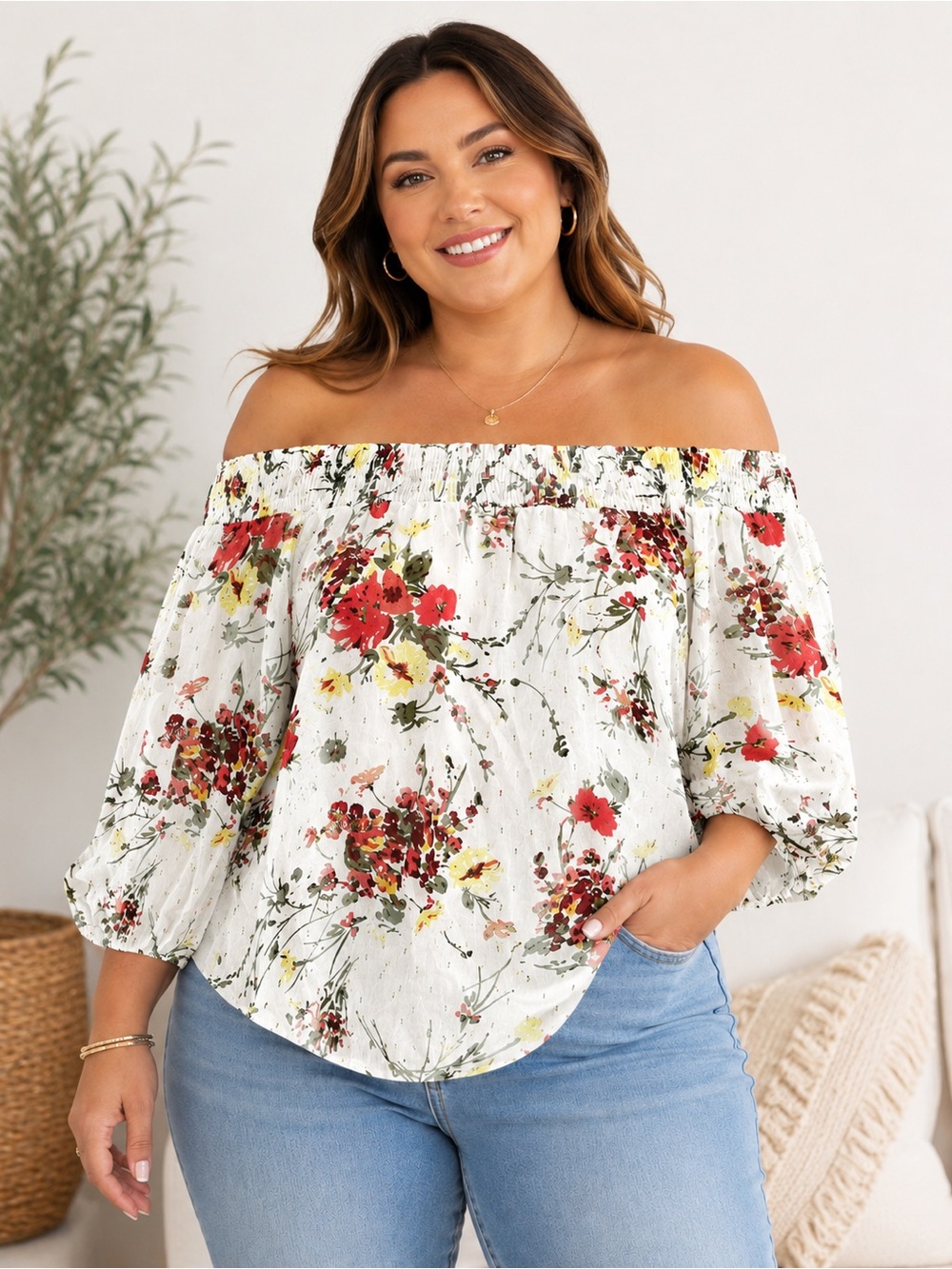 Lane Bryant Floral Off the Shoulder Blouse White Pink
Gold  18/20 Cottagecore